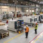 A modern manufacturing facility with mold processing machines and technicians at work.