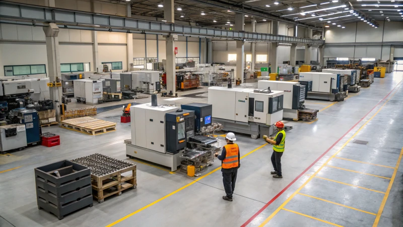 A modern manufacturing facility with mold processing machines and technicians at work.