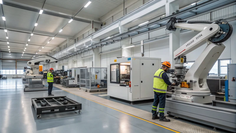 A modern manufacturing workshop with CNC machines and robotic arms.