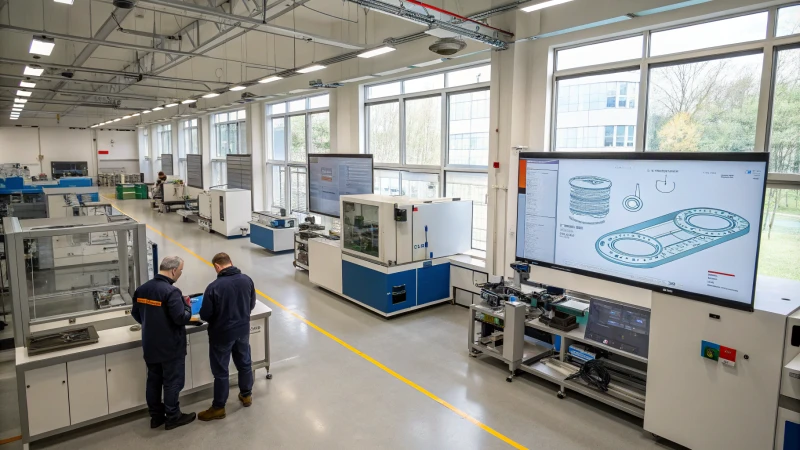 A bright and organized mold design workshop with engineers collaborating