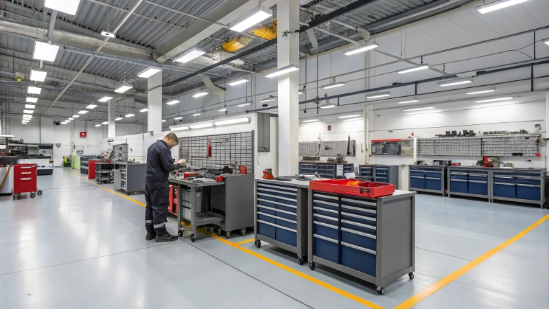 A modern workshop with organized workstations and tools