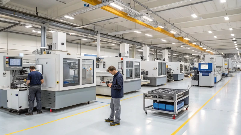 A modern mold processing facility with advanced machinery and workers.
