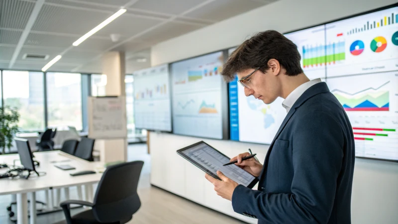 A professional individual analyzing data on a tablet in a modern office setting.