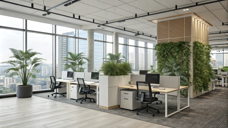 A modern office workspace with ergonomic furniture and large windows