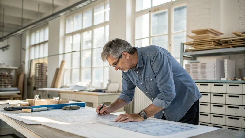 A middle-aged mold designer reviewing blueprints in a bright workshop.