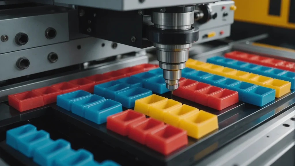 Close-up of a multi-color injection molding process with vibrant plastic components.