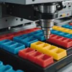 Close-up of a multi-color injection molding process with vibrant plastic components.
