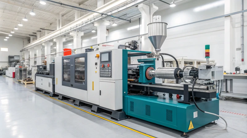 Close-up of an industrial injection molding machine with molten polypropylene