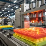 A multi-stage injection molding machine in operation within a factory