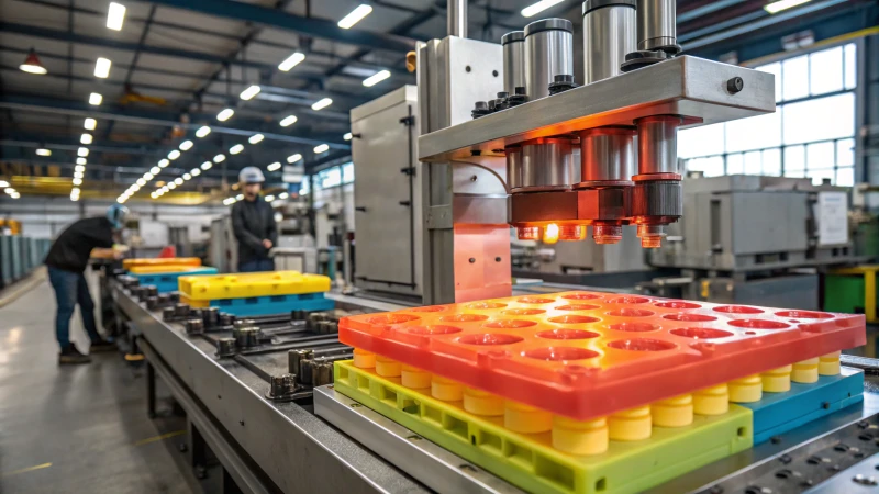 A multi-stage injection molding machine in operation within a factory