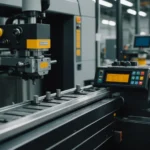 Injection molding machine processing PEEK material with molds and machine parts visible
