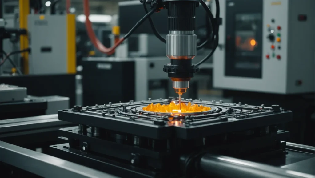 Injection molding machine with molten plastic