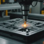 Close-up of a polycarbonate injection molding process with machinery and glowing molten polycarbonate.