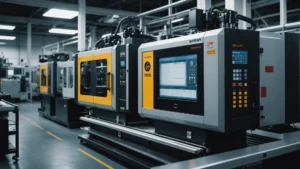 A close-up of a PPA injection molding machine in operation.