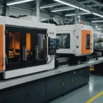 Precision injection molding machine in operation with plastic parts