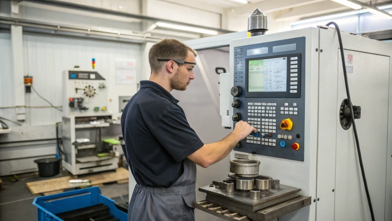 A machinist adjusting a CNC machine in a workshop.