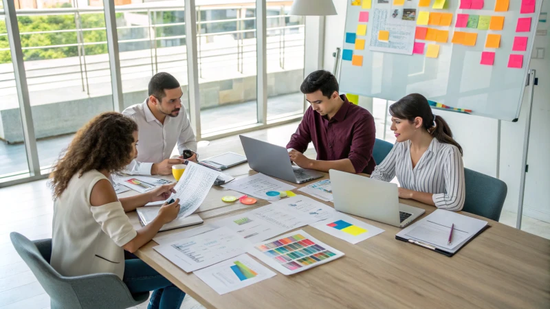 A diverse team of four professionals in a meeting room discussing strategies.
