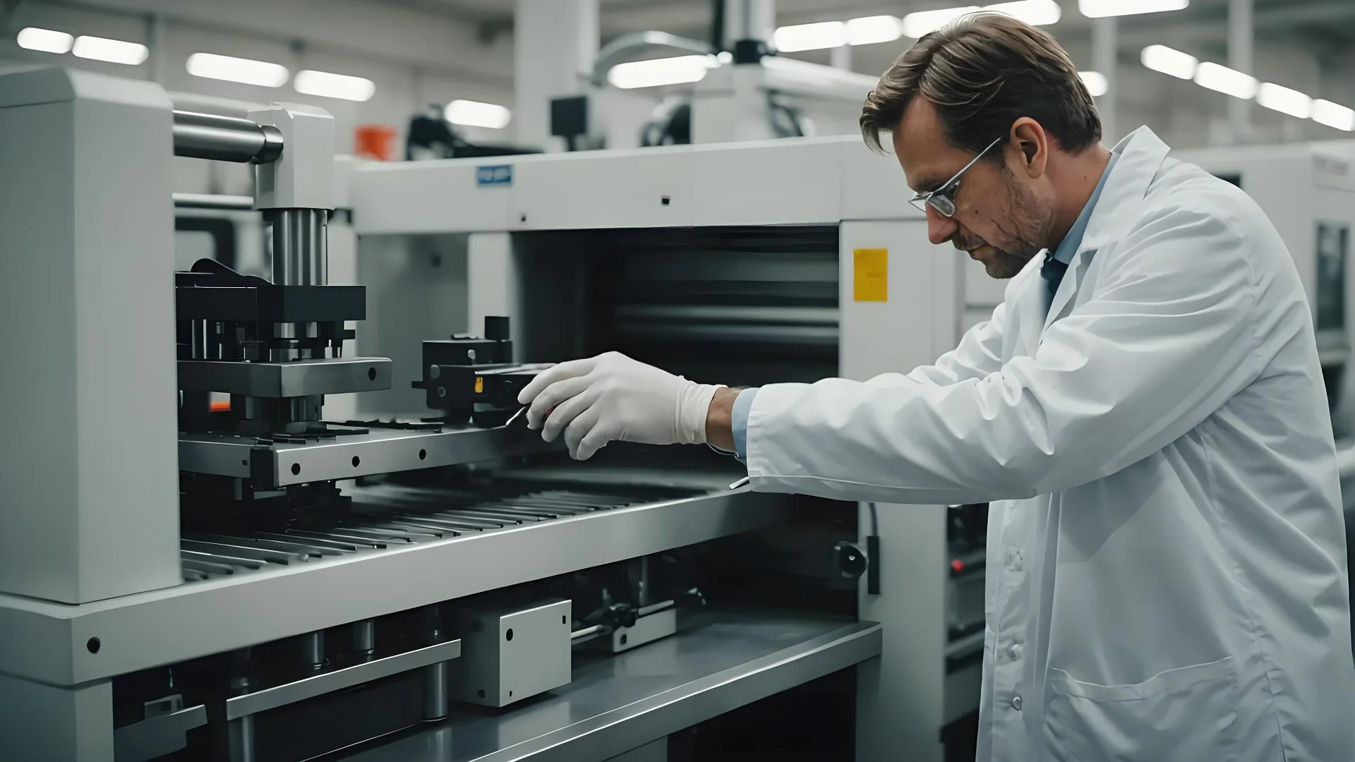 Technician inspecting injection molding machine for quality control