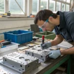 An engineer inspecting a plastic injection mold in a workshop.