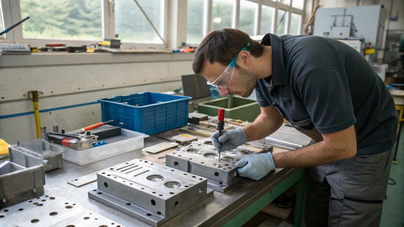 An engineer inspecting a plastic injection mold in a workshop.