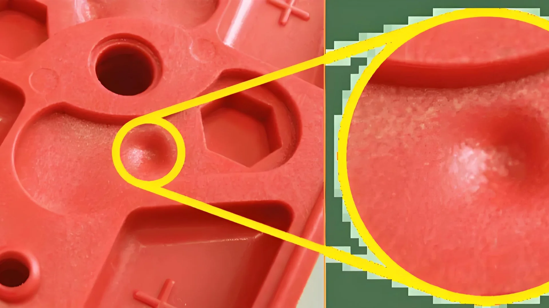 Close-up of an injection molded plastic part with visible defects
