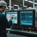 Injection molding machine with technician monitoring the process