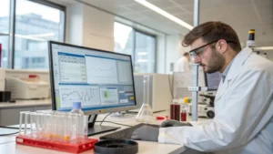 Scientist studying data on computer in laboratory