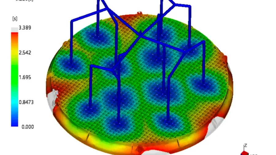 3D simulation of mold flow analysis showing cooling and curing stages