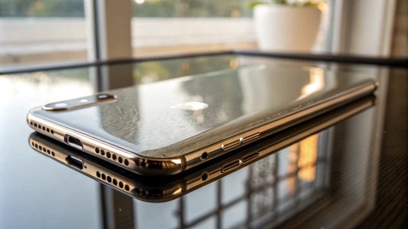 Close-up of a sleek electronic device casing on a reflective surface