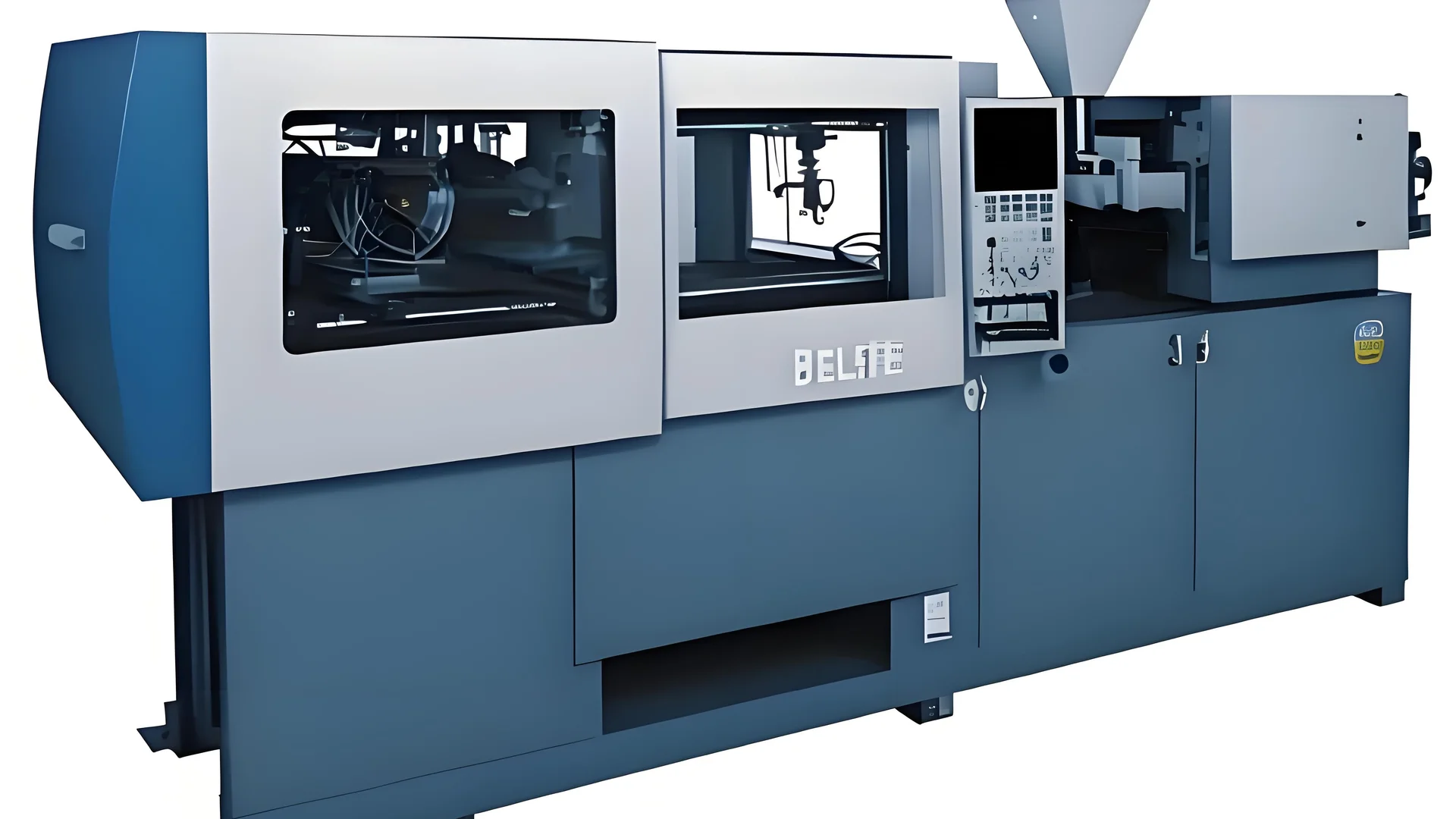 Close-up of ultra-thin injection molding machine creating intricate plastic parts.