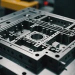 Close-up of a standardized injection mold with detailed structural elements