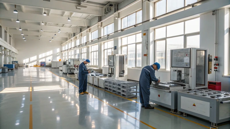 A bright and modern mold production facility with workers and machinery