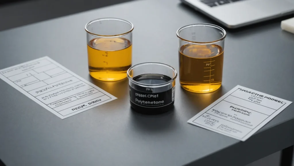 Polycarbonate, PPS, and PEEK plastic samples on a table