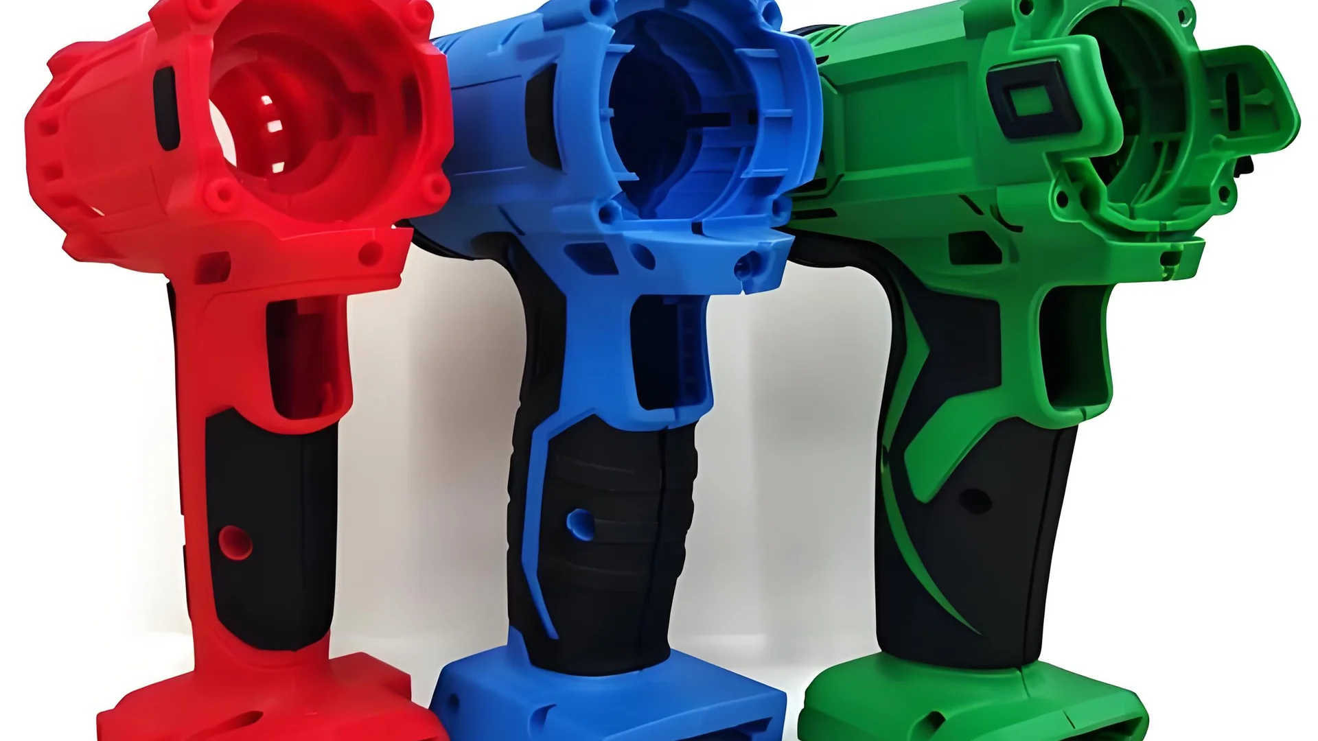 Injection molding machine in operation with plastic products