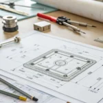 A technical drawing of a mold design on a drafting table