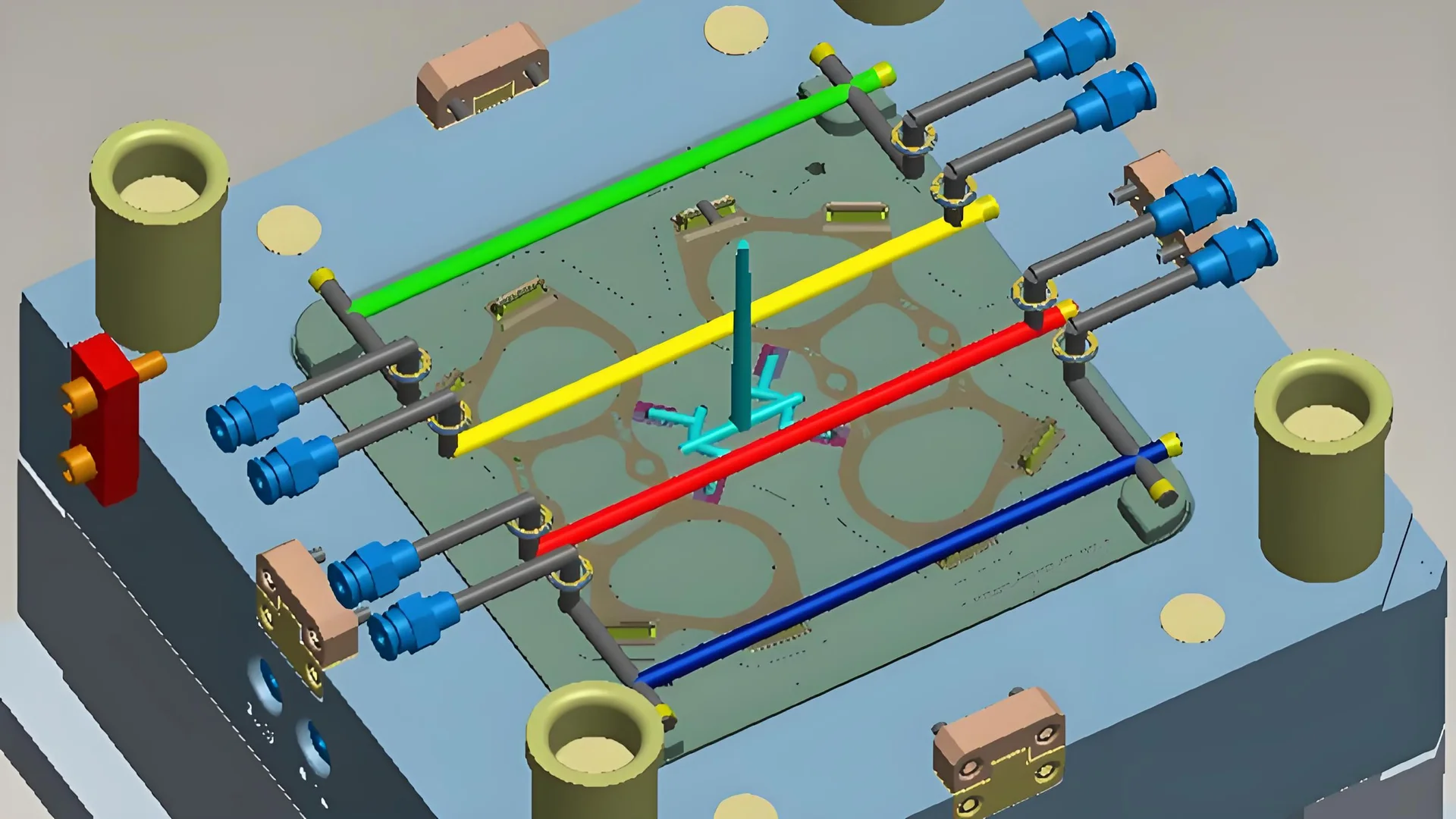 Transparent plastic mold with colored cooling channels and digital data displays