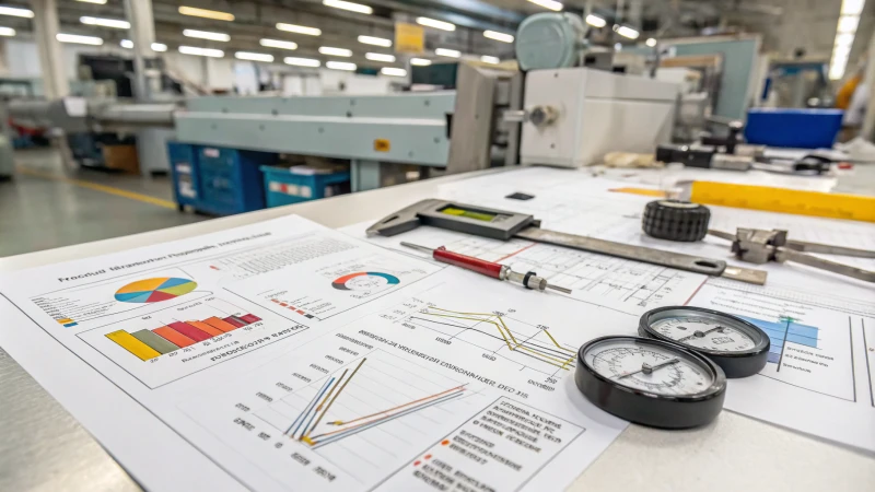 A detailed technical workspace with charts and tools related to injection molding