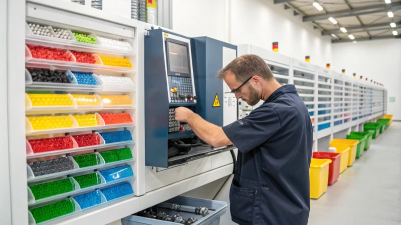Technician adjusting controls on an injection molding machine in a factory.