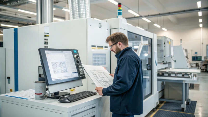 A technician analyzing tool path planning in a modern workshop