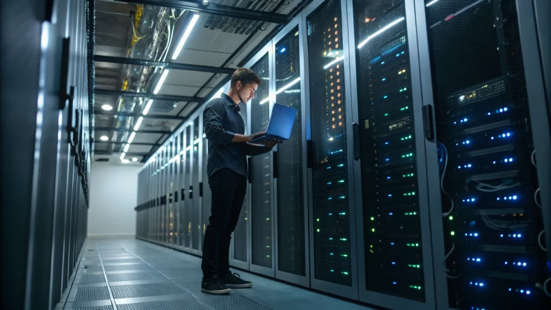 A technician working in a high-tech server room.