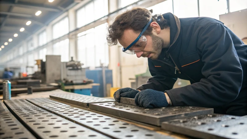 A technician inspecting steel samples in a workshop