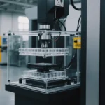 High-tech injection molding machine producing clear plastic parts.