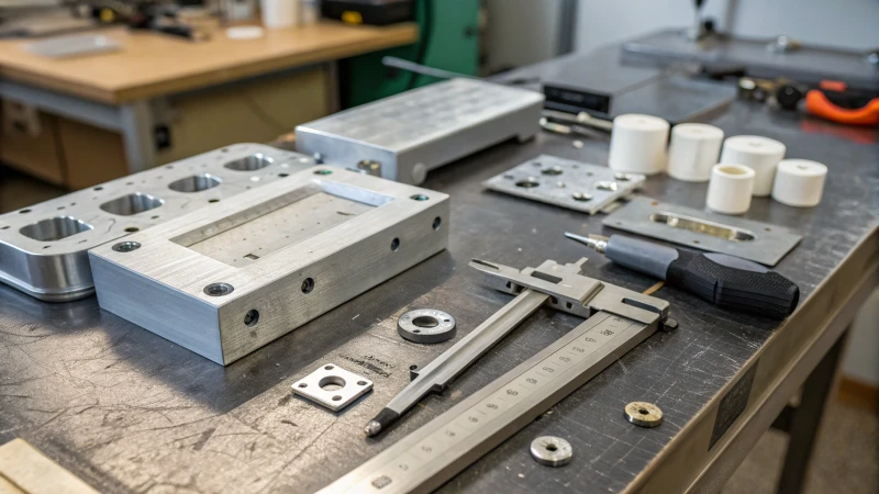 Close-up of a workbench with mold design materials and tools