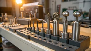A well-organized workshop bench with precision milling tools