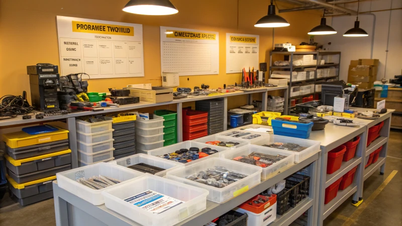 A well-lit workshop filled with plastic products on workbenches.