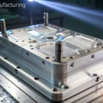 Photorealistic 3D rendering of an advanced injection mold with detailed cooling channels and parting lines.