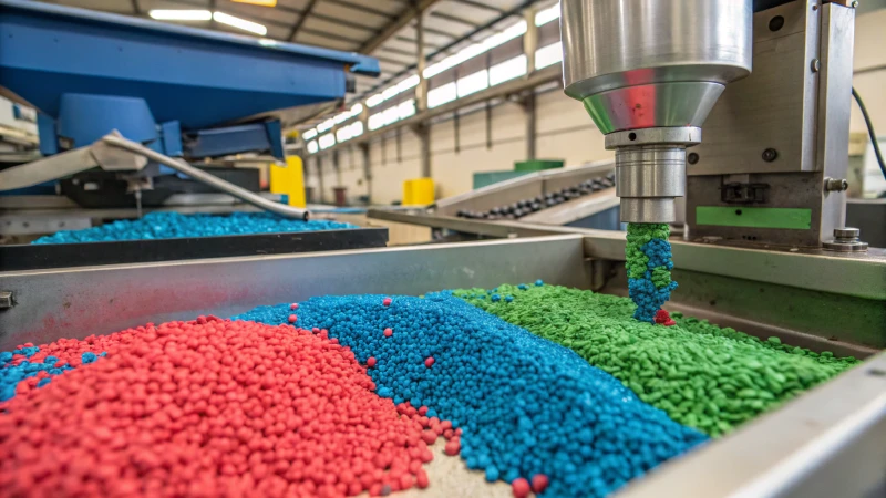 Close-up of an advanced injection molding machine processing colorful plastic pellets.