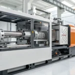 A photorealistic injection molding machine in a factory setting