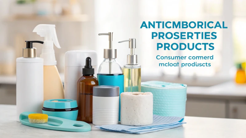 A collection of antimicrobial consumer products displayed on a clean surface.