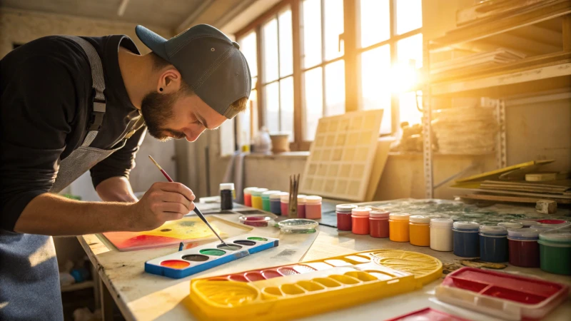 Artisan painting a plastic product in a well-lit workshop